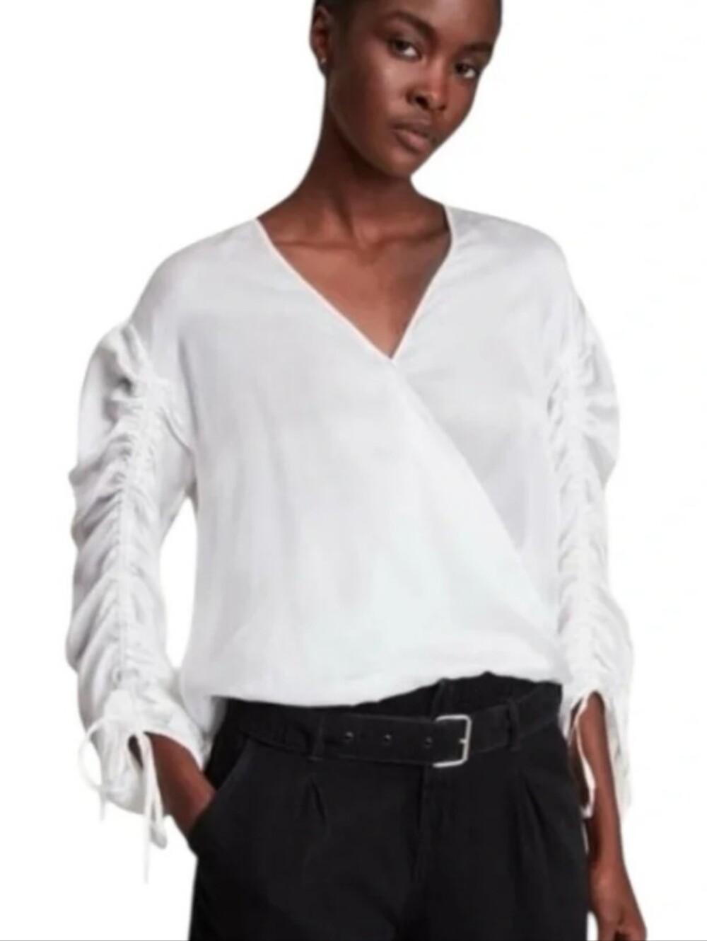 Allsaints Preslie 100% Silk Blouse Chalk White Ruched Statement Sleeves - Size 0